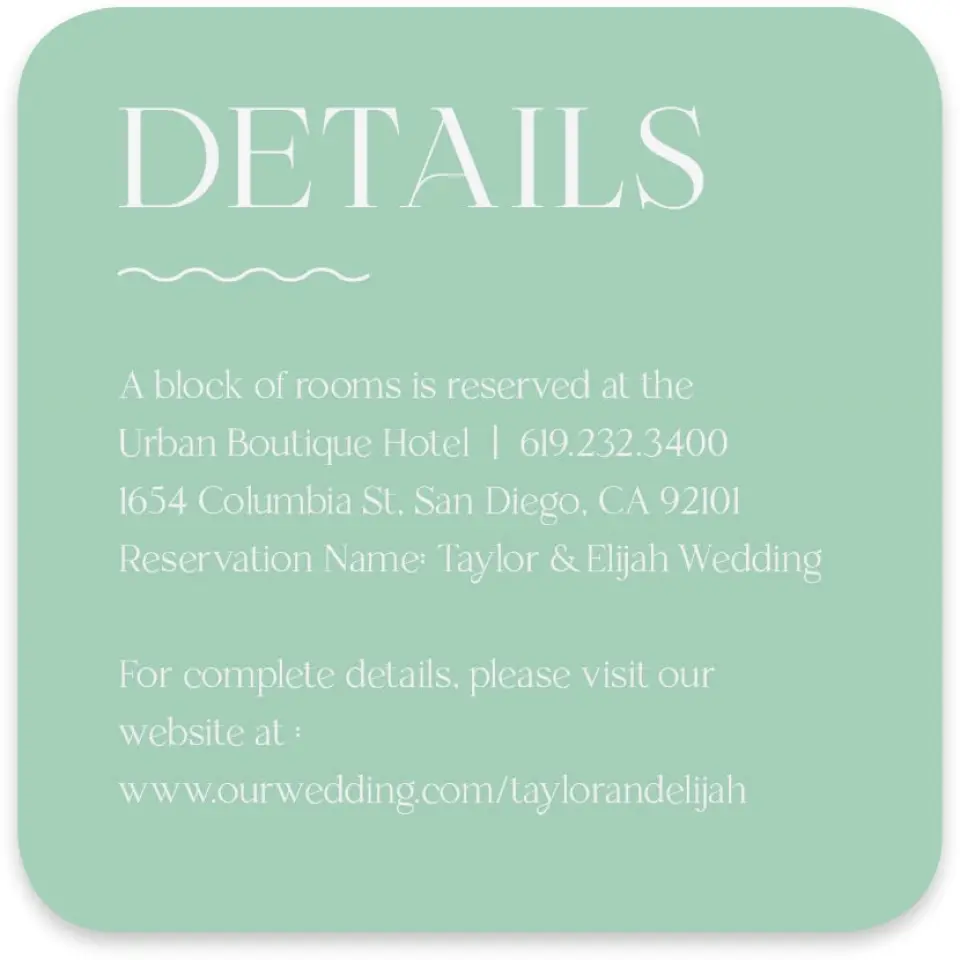 This is a 4" x 4" Wedding Invitation Enclosure Card called The Taylor printed in full color on Luxe Satin paper