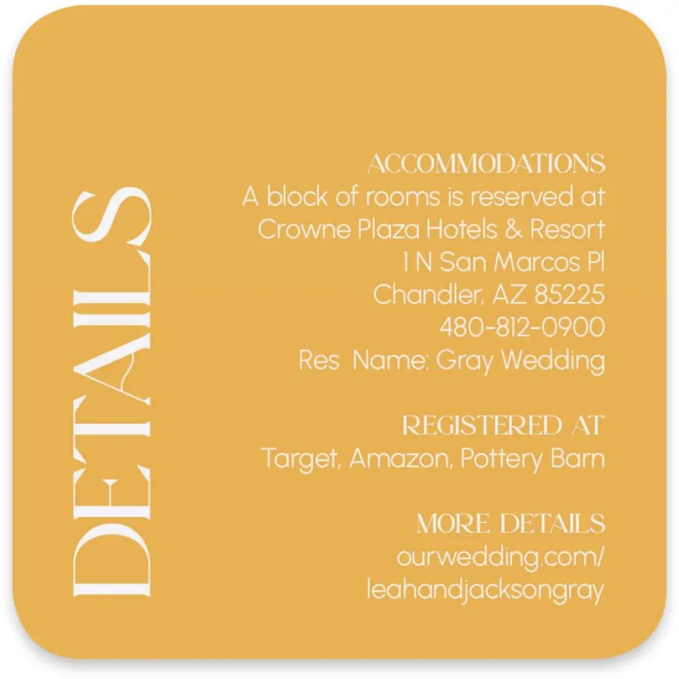 This is a 4" x 4" Wedding Invitation Enclosure Card called The Leah printed in full color on Luxe Satin paper