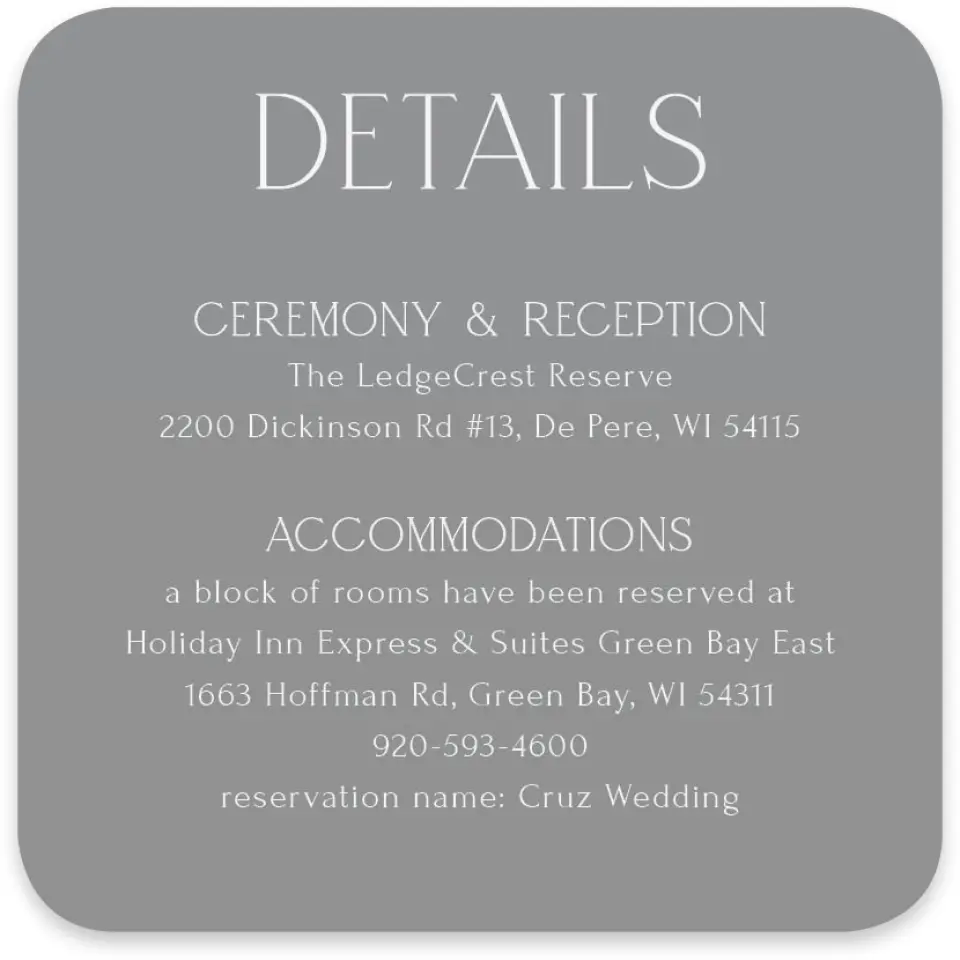 This is a 4" x 4" Wedding Invitation Enclosure Card called The Caroline printed in full color with Silver foil on Luxe Satin paper