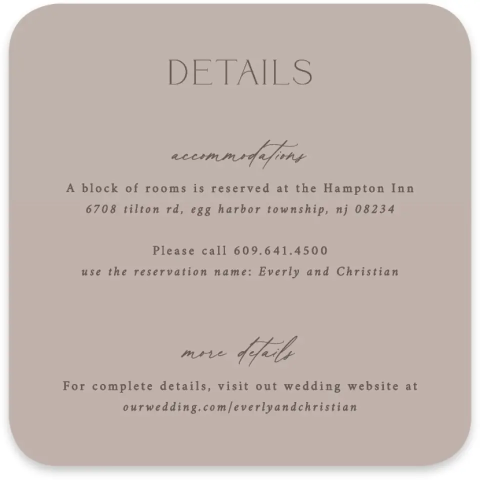 This is a 4" x 4" Wedding Invitation Enclosure Card called The Everly printed in full color on Luxe Satin paper