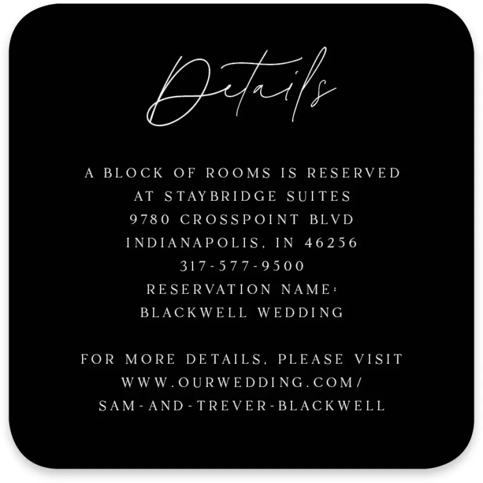 This is a 4" x 4" Wedding Invitation Enclosure Card called The Samantha printed in full color on Luxe Satin paper