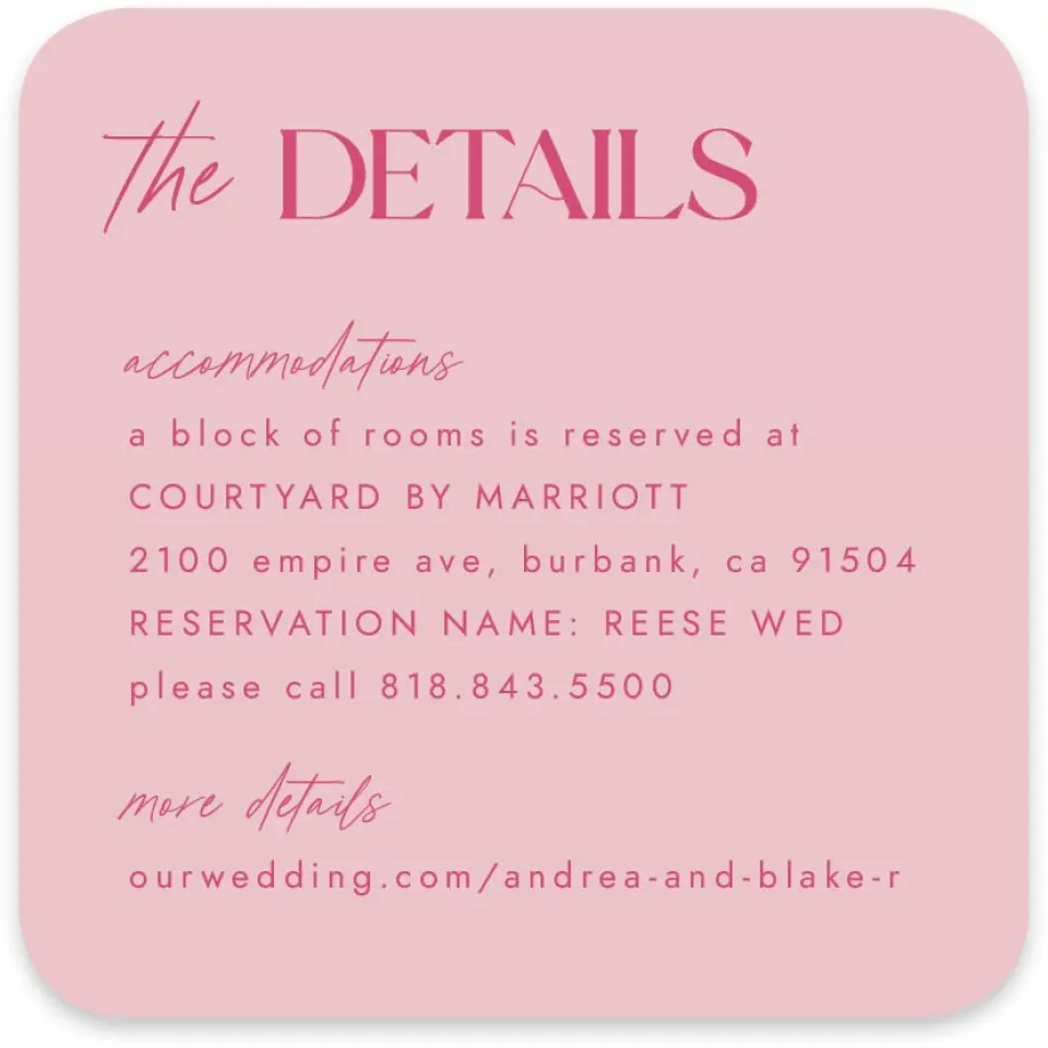 This is a 4" x 4" Wedding Invitation Enclosure Card called The Andrea printed in full color on Luxe Satin paper