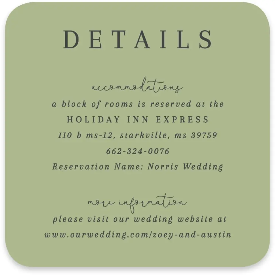 This is a 4" x 4" Wedding Invitation Enclosure Card called The Zoey printed in full color on Luxe Satin paper
