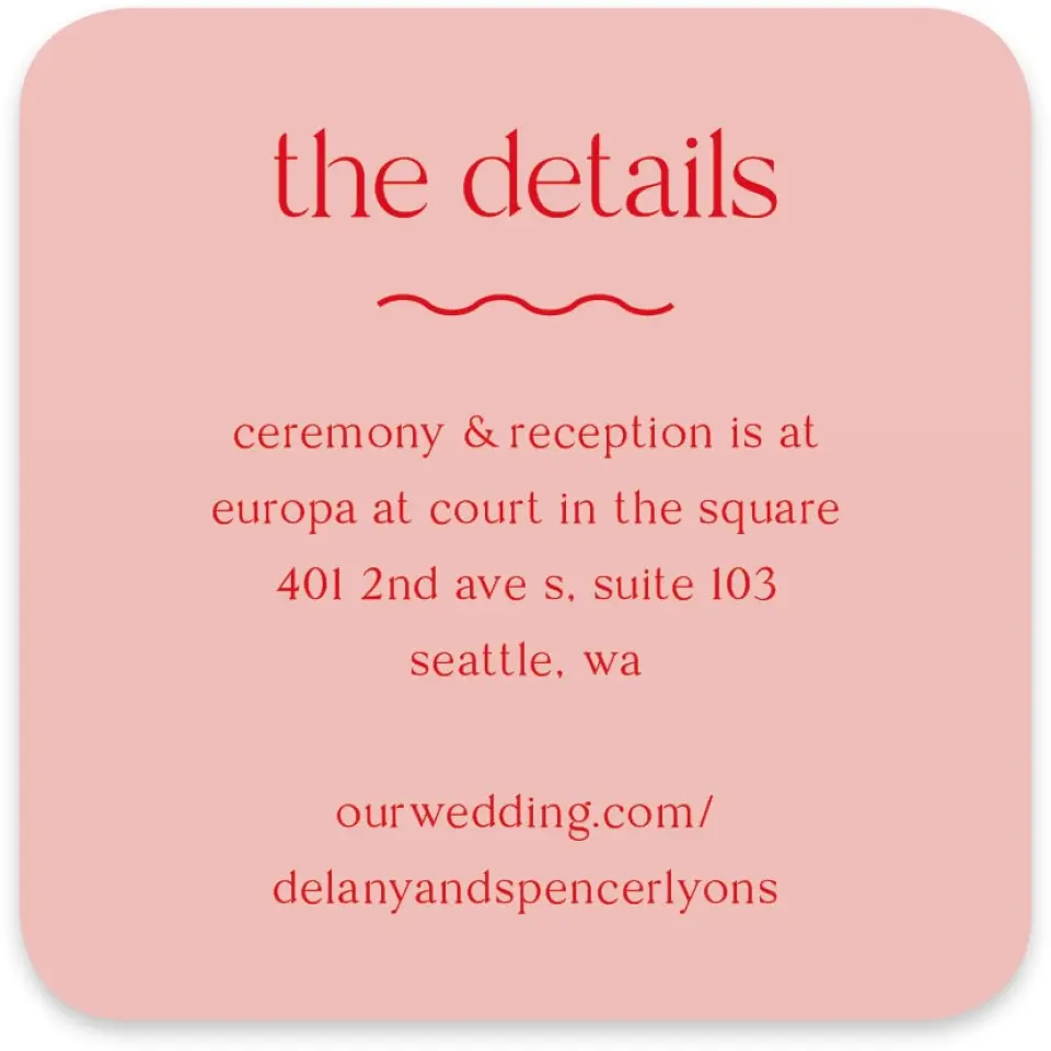 This is a 4" x 4" Wedding Invitation Enclosure Card called The Delaney printed in full color on Luxe Satin paper