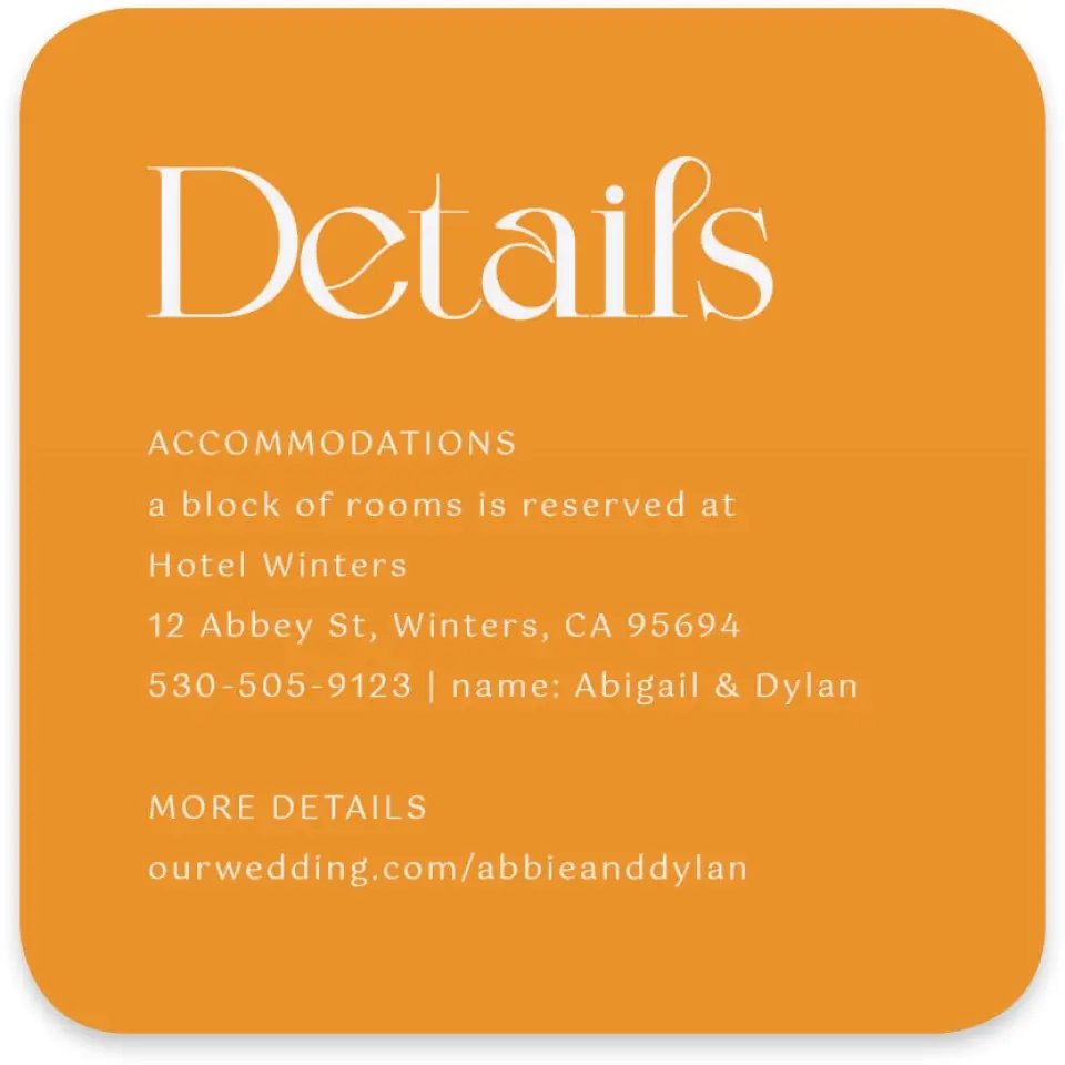 This is a 4" x 4" Wedding Invitation Enclosure Card called The Abigail printed in full color on Luxe Satin paper