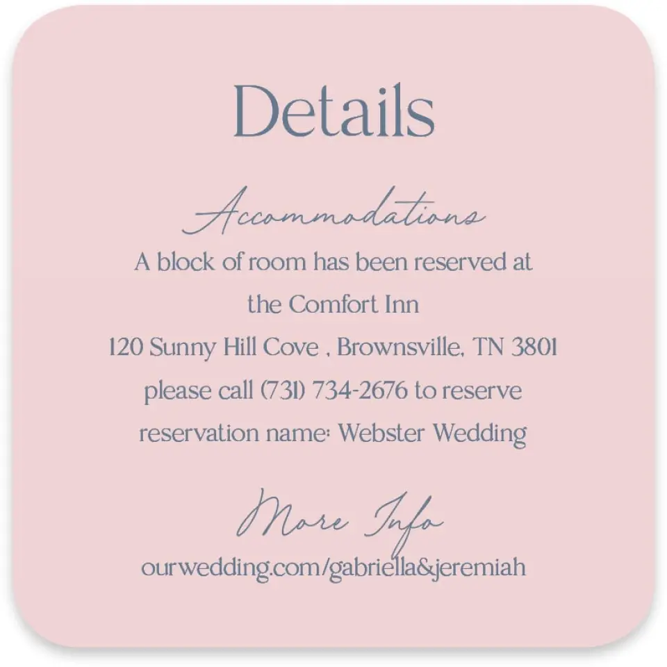 This is a 4" x 4" Wedding Invitation Enclosure Card called The Gabriella printed in full color on Luxe Satin paper