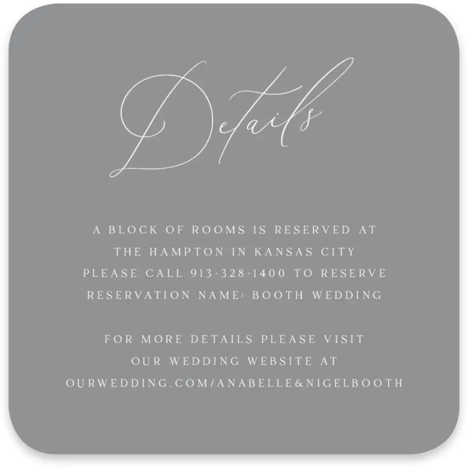 This is a 4" x 4" Wedding Invitation Enclosure Card called The Anabelle printed in full color with Silver foil on Luxe Satin paper