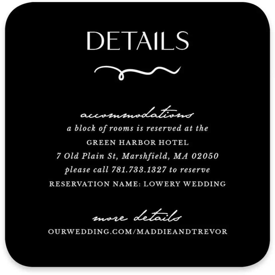 This is a 4" x 4" Wedding Invitation Enclosure Card called The Madison printed in full color on Luxe Satin paper