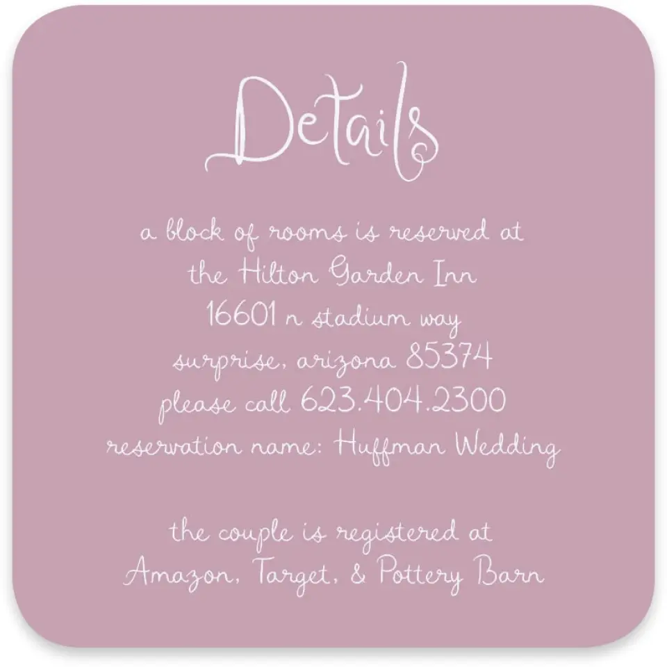 This is a 4" x 4" Wedding Invitation Enclosure Card called The Micayla printed in full color on Luxe Satin paper