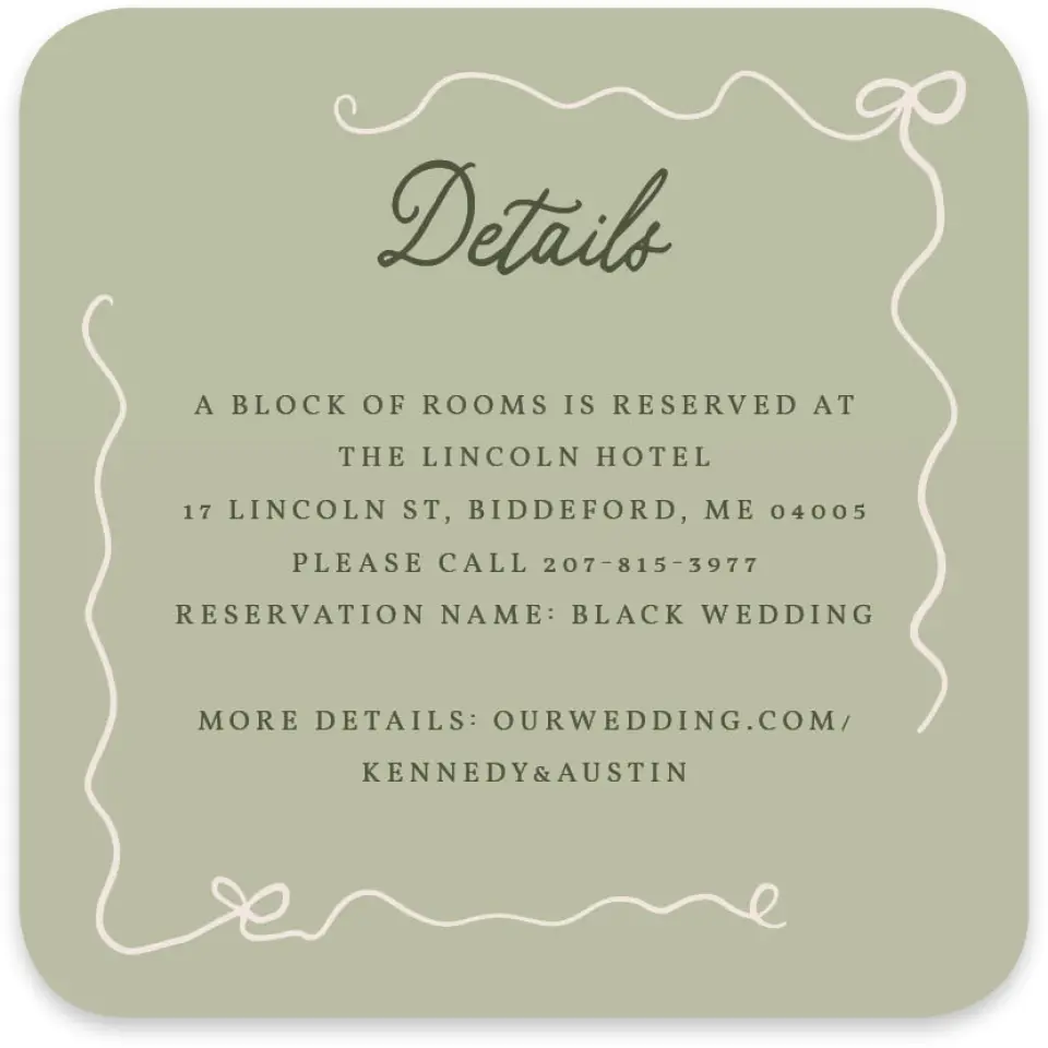This is a 4" x 4" Wedding Invitation Enclosure Card called The Kennedy printed in full color on Luxe Satin paper