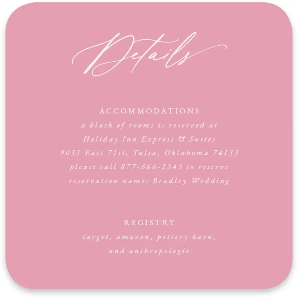 This is a 4" x 4" Wedding Invitation Enclosure Card called The Florence printed in full color on Luxe Satin paper