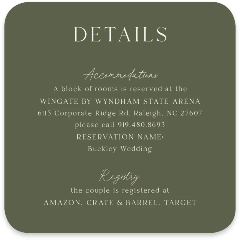This is a 4" x 4" Wedding Invitation Enclosure Card called The Hailey printed in full color on Luxe Satin paper