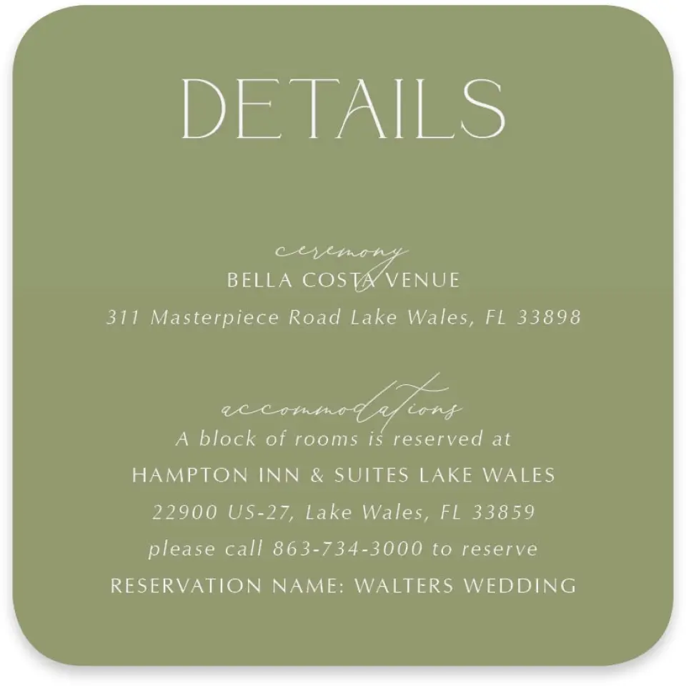 This is a 4" x 4" Wedding Invitation Enclosure Card called The Victoria printed in full color on Luxe Satin paper