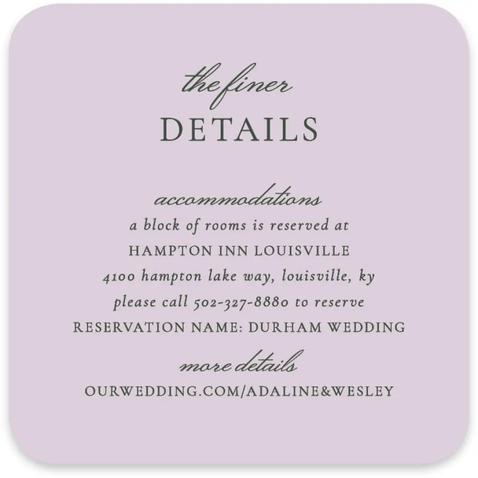 This is a 4" x 4" Wedding Invitation Enclosure Card called The Adaline printed in full color with Silver foil on Luxe Satin paper