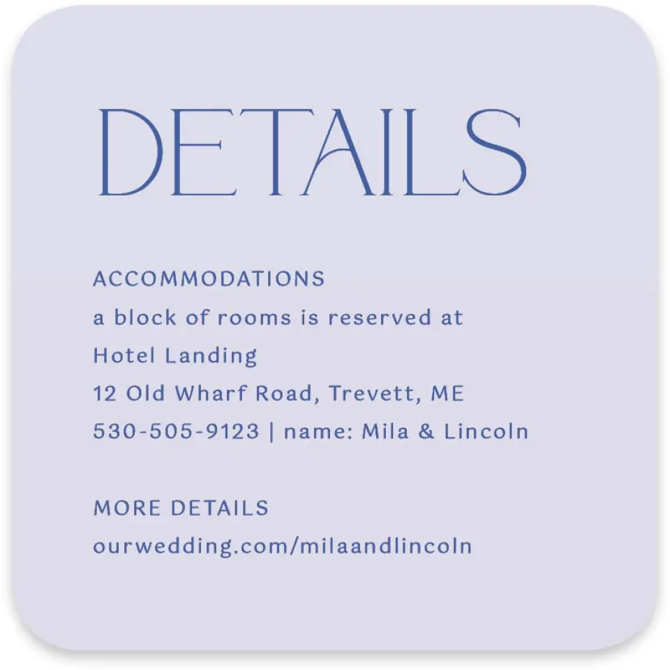 This is a 4" x 4" Wedding Invitation Enclosure Card called The Mila printed in full color on Luxe Satin paper