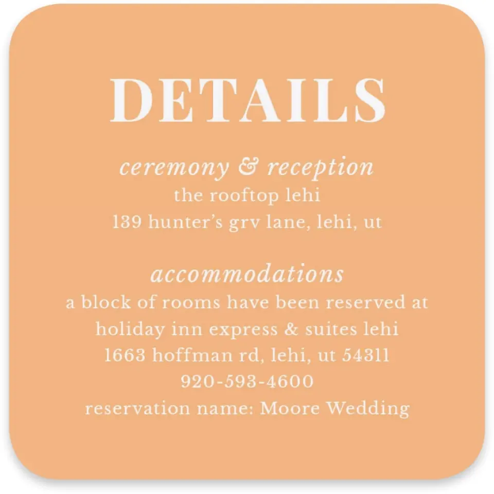 This is a 4" x 4" Wedding Invitation Enclosure Card called The Jess printed in full color on Luxe Satin paper