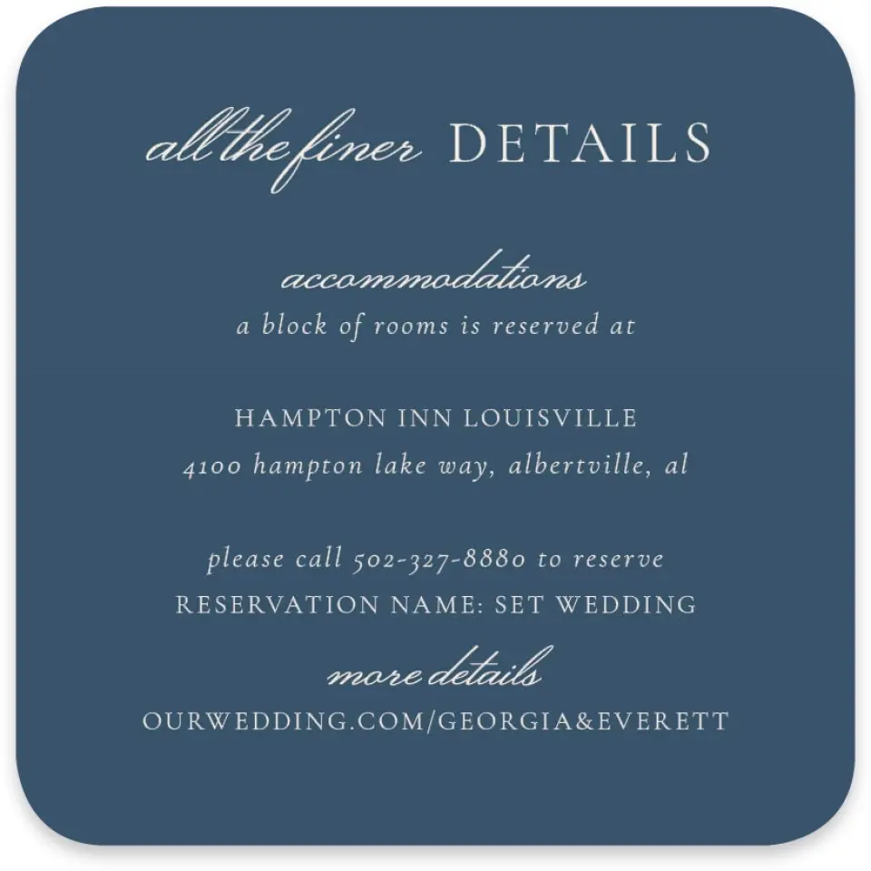 This is a 4" x 4" Wedding Invitation Enclosure Card called The Georgia printed in full color with Silver foil on Luxe Satin paper