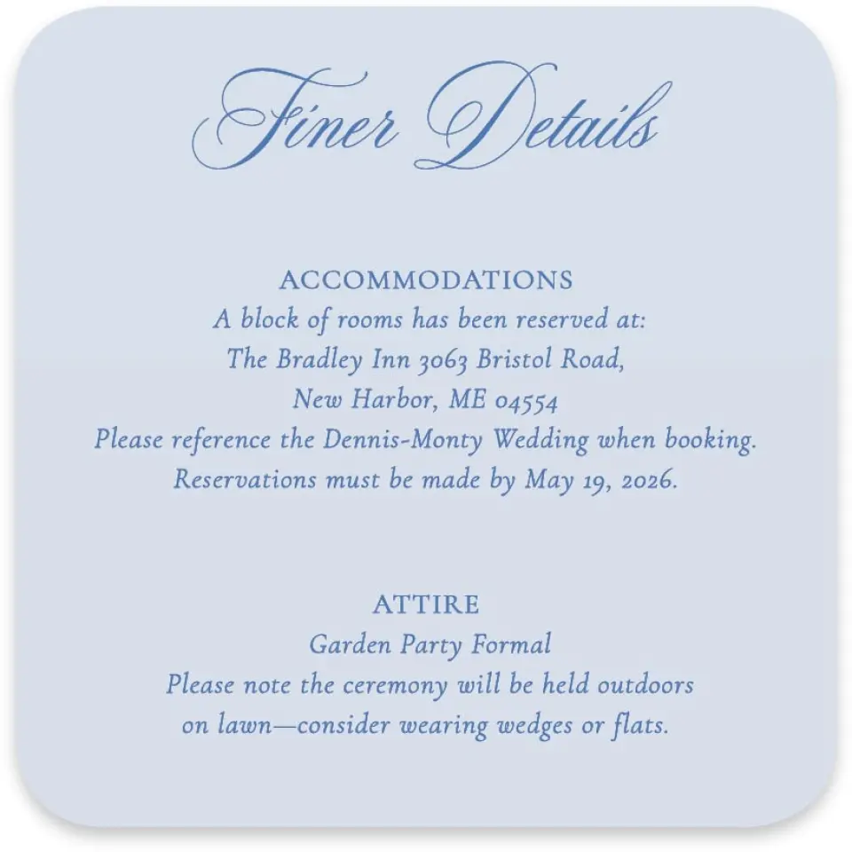 This is a 4" x 4" Wedding Invitation Enclosure Card called Bradley printed in full color on Luxe Satin paper