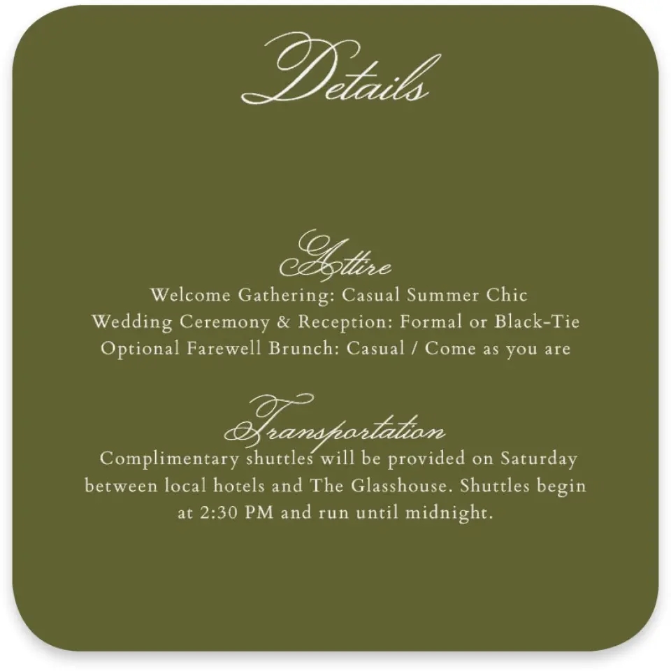 This is a 4" x 4" Wedding Invitation Enclosure Card called Holloway printed in full color on Luxe Satin paper