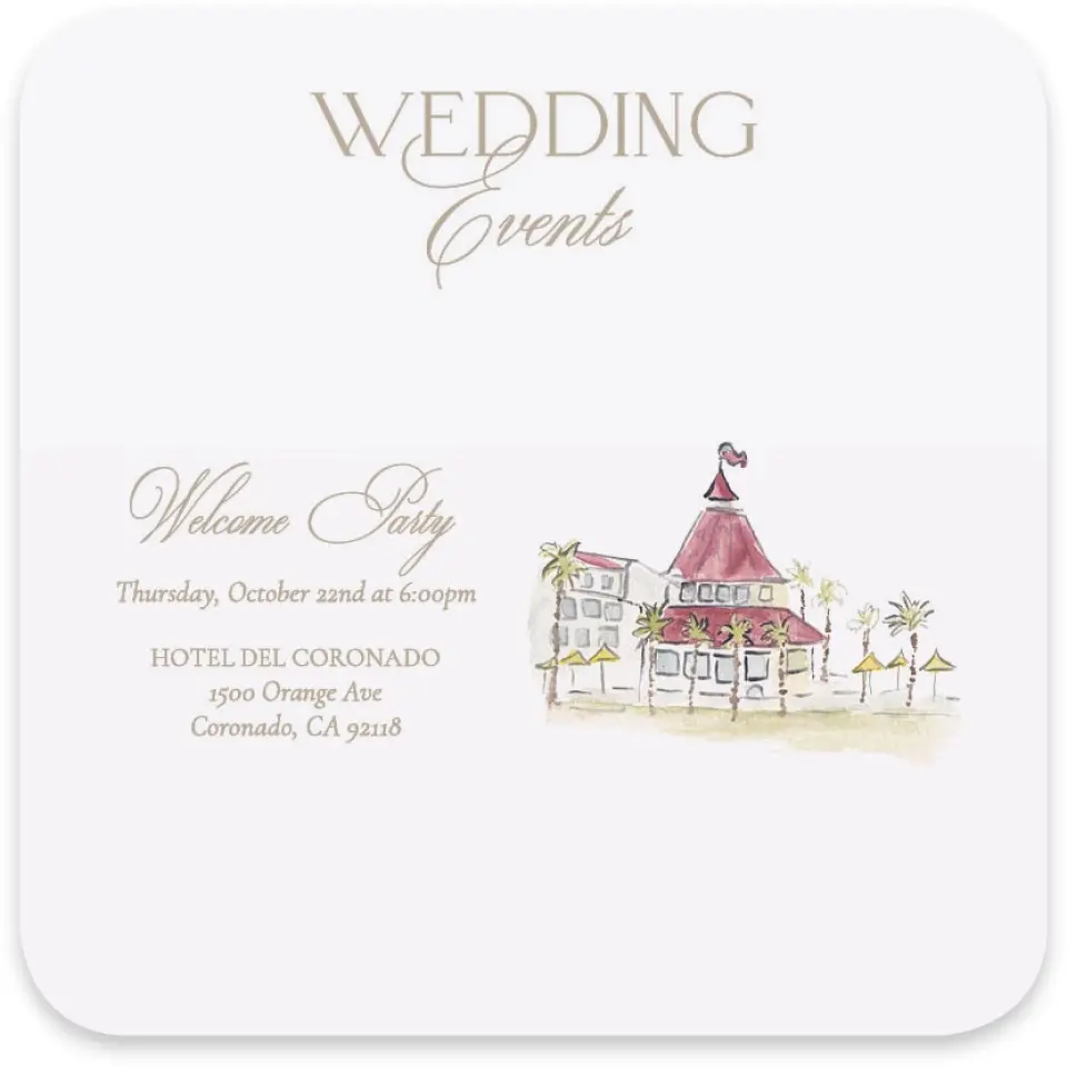 This is a 4" x 4" Wedding Invitation Enclosure Card called Kensington printed in full color with Rose Gold foil on Luxe Satin paper
