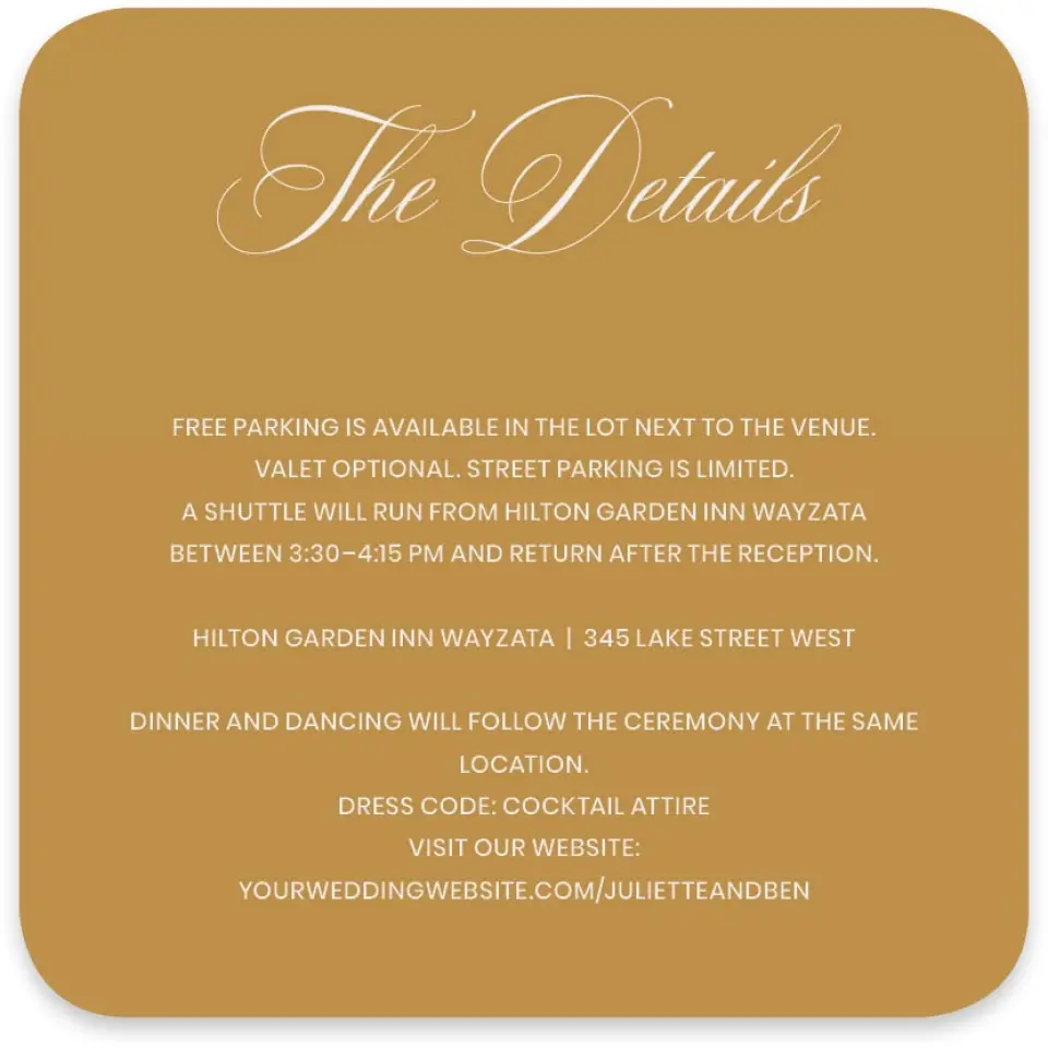This is a 4" x 4" Wedding Invitation Enclosure Card called Wayzata printed in full color on Luxe Satin paper