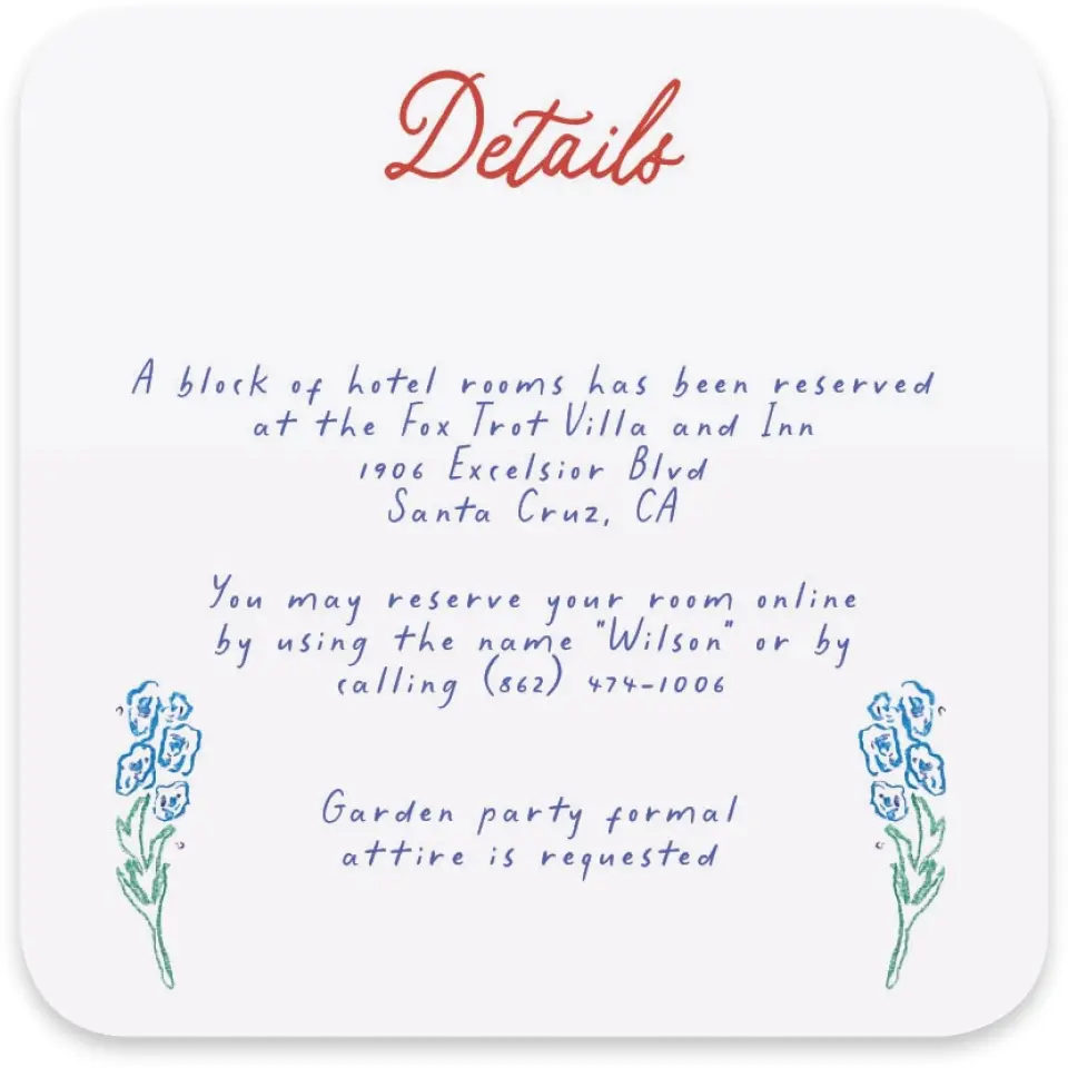 This is a 4" x 4" Wedding Invitation Enclosure Card called Whimsy Love printed in full color on Luxe Satin paper