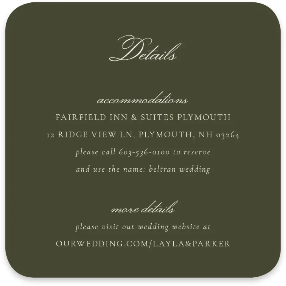 This is a 4" x 4" Wedding Invitation Enclosure Card called Holderness printed in full color on Luxe Satin paper