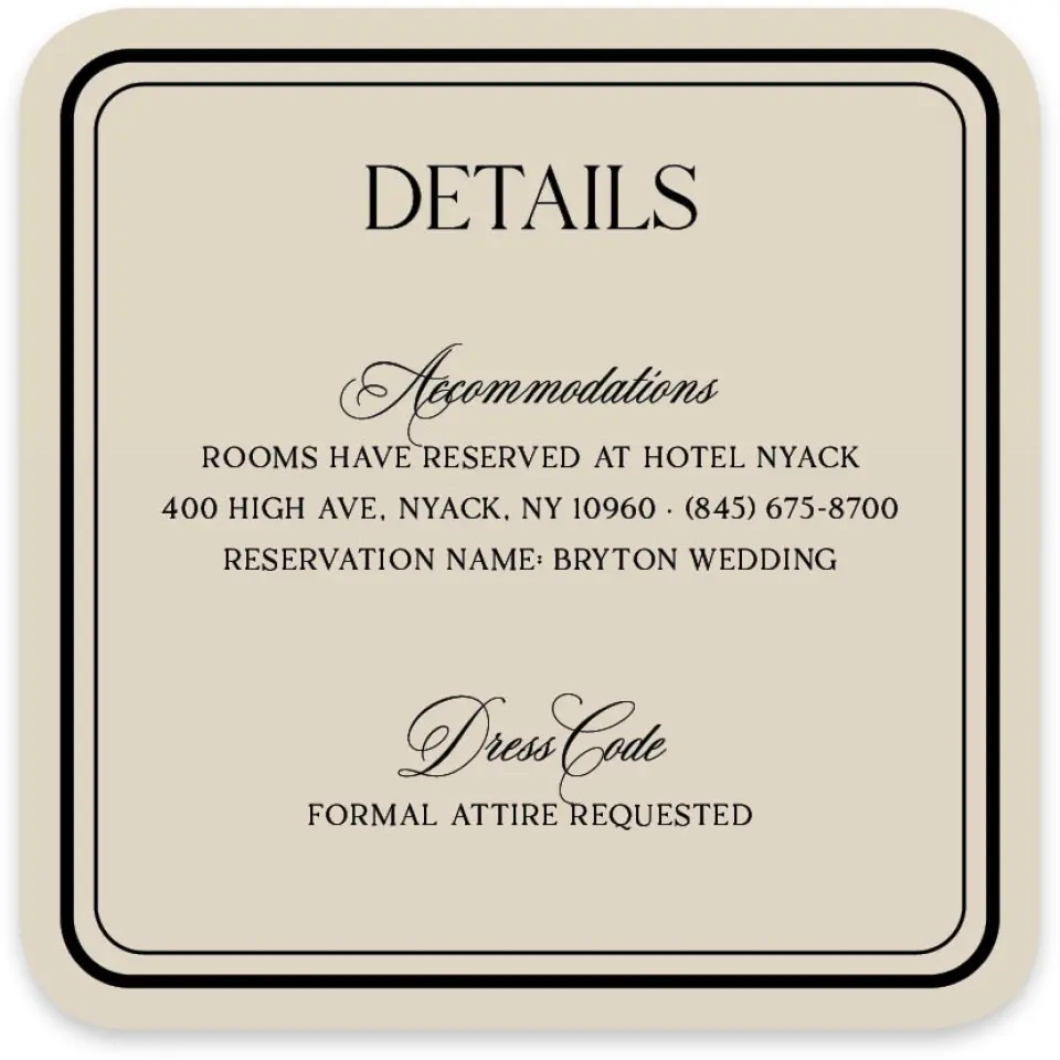 This is a 4" x 4" Wedding Invitation Enclosure Card called Greenwich printed in full color with Silver foil on Luxe Satin paper