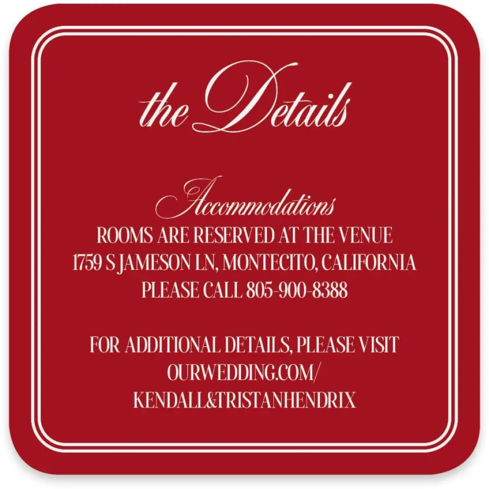 This is a 4" x 4" Wedding Invitation Enclosure Card called Montecito printed in full color on Luxe Satin paper