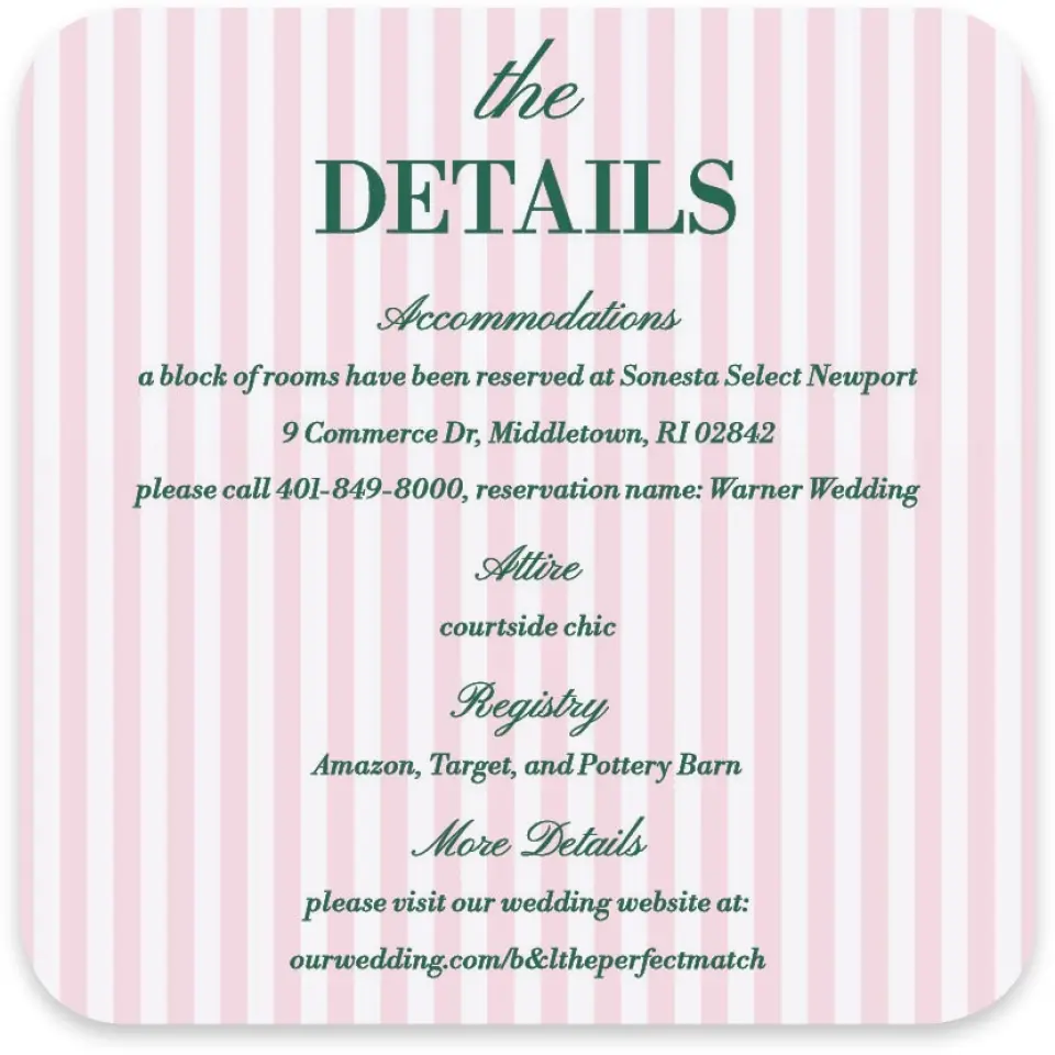 This is a 4" x 4" Wedding Invitation Enclosure Card called Serving Up Forever printed in full color on Luxe Satin paper