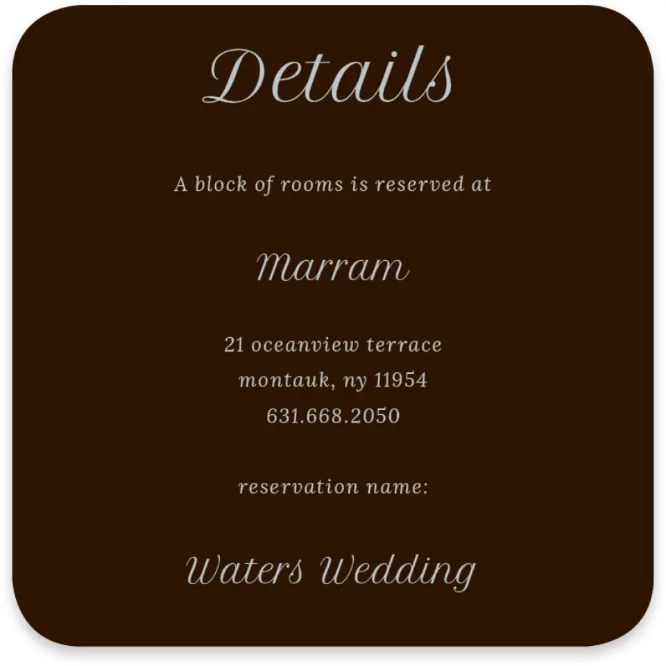 This is a 4" x 4" Wedding Invitation Enclosure Card called Montauk printed in full color on Luxe Satin paper