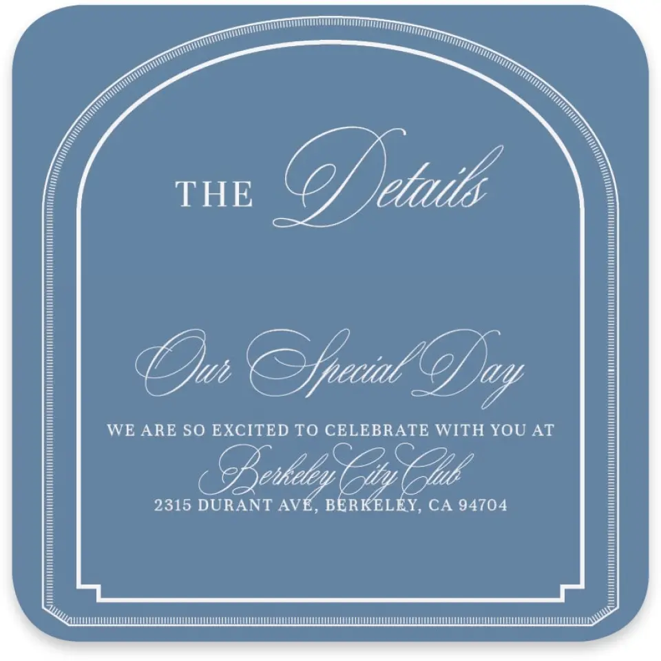 This is a 4" x 4" Wedding Invitation Enclosure Card called Berkeley printed in full color on Luxe Satin paper