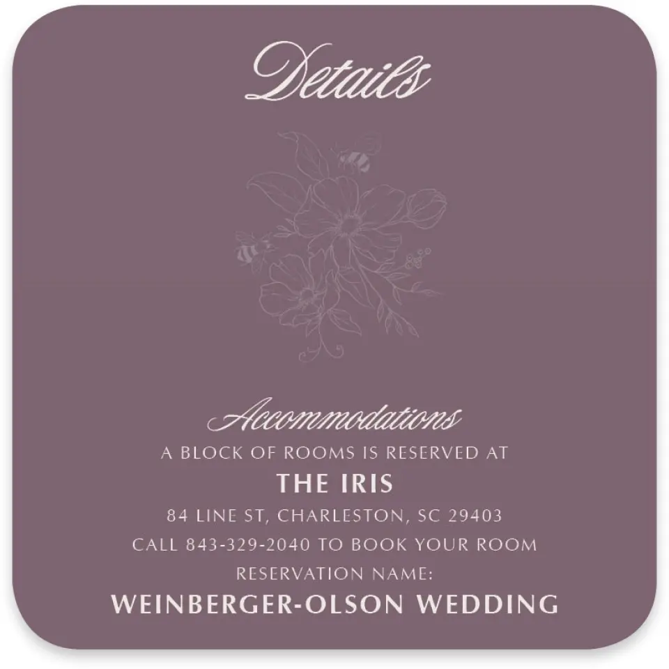 This is a 4" x 4" Wedding Invitation Enclosure Card called Charleston printed in full color on Luxe Satin paper