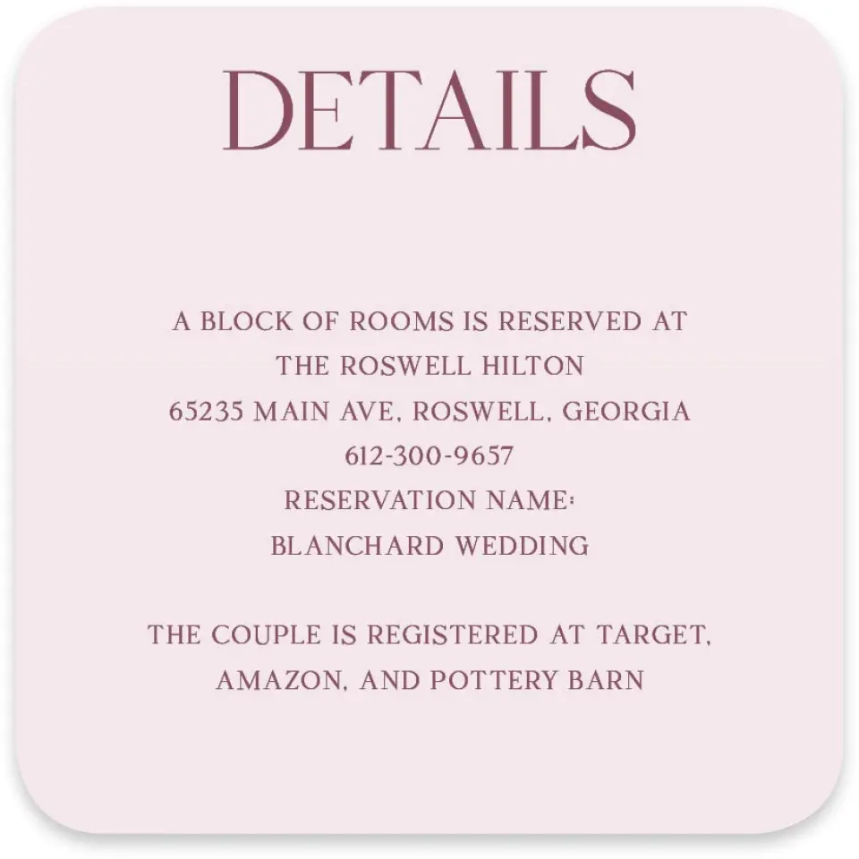 This is a 4" x 4" Wedding Invitation Enclosure Card called Roswell printed in full color on Luxe Satin paper