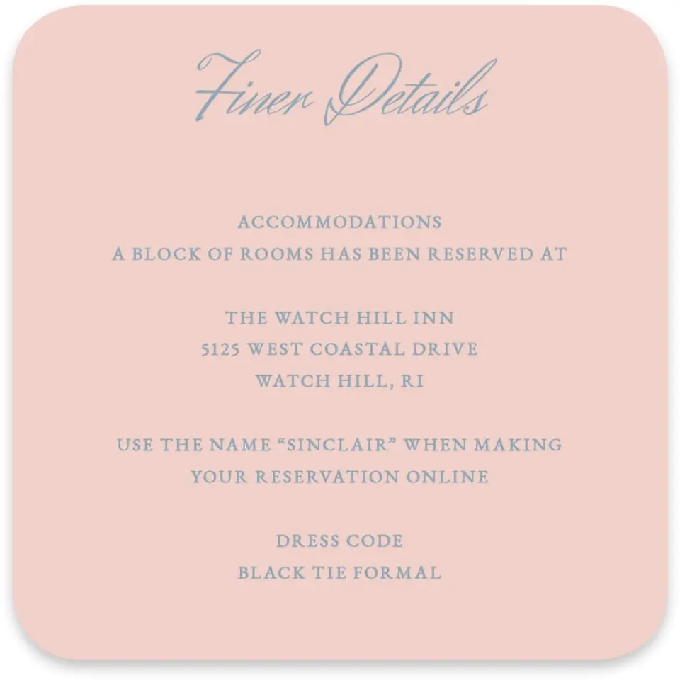 This is a 4" x 4" Wedding Invitation Enclosure Card called Watch Hill printed in full color on Luxe Satin paper