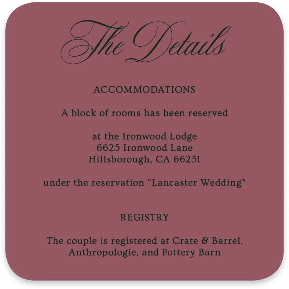 This is a 4" x 4" Wedding Invitation Enclosure Card called Hillsborough printed in full color with Silver foil on Luxe Satin paper