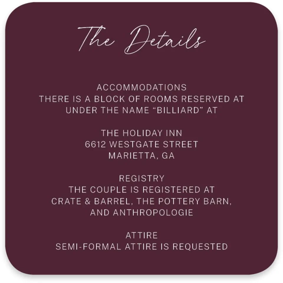 This is a 4" x 4" Wedding Invitation Enclosure Card called The Wilclift printed in full color on Luxe Satin paper