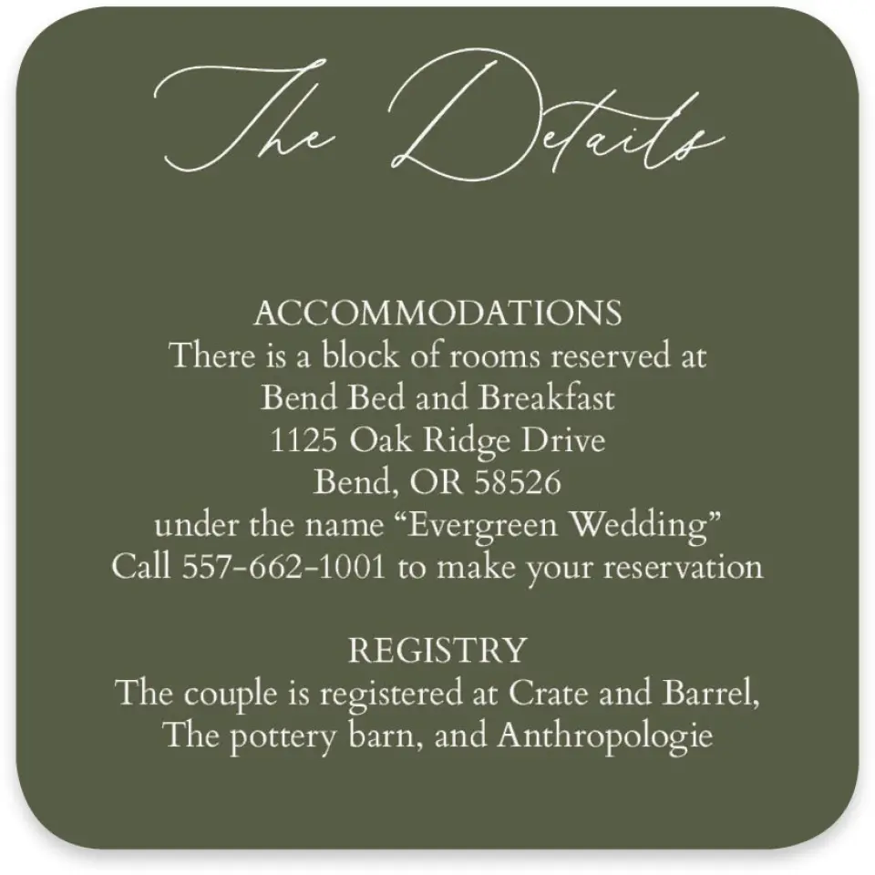 This is a 4" x 4" Wedding Invitation Enclosure Card called Willowmere printed in full color on Luxe Satin paper