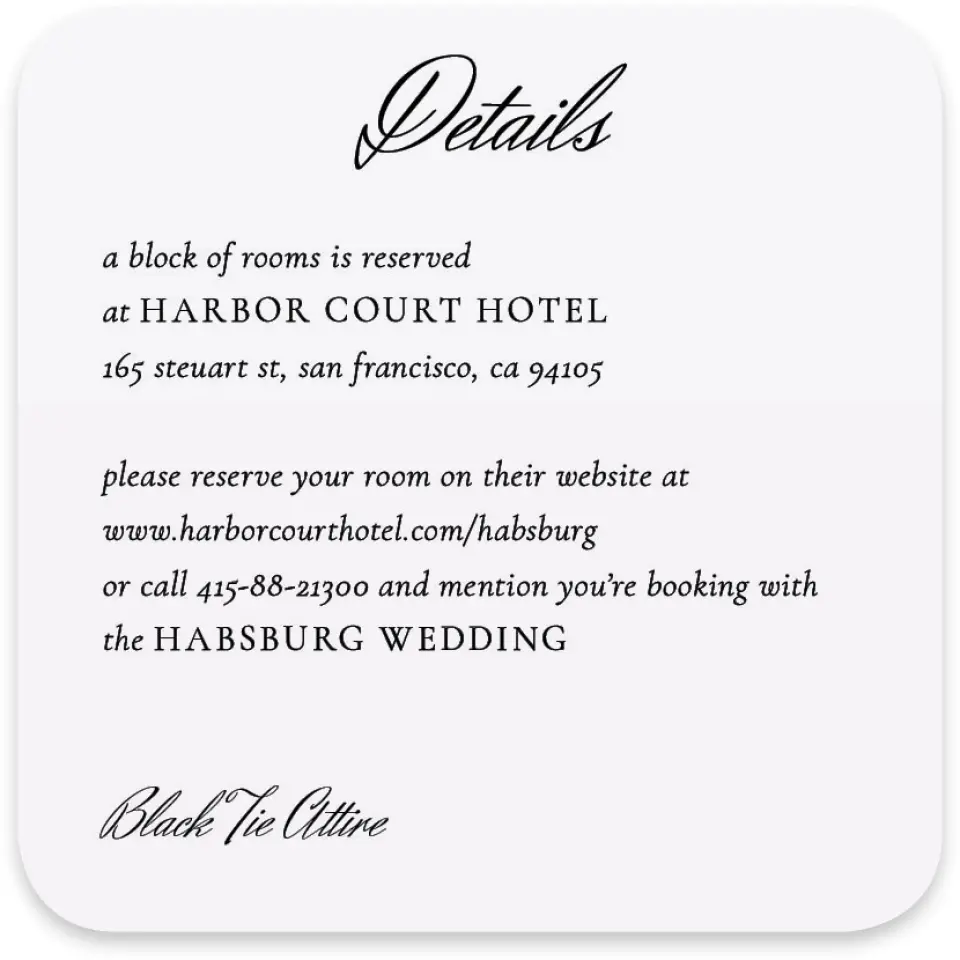 This is a 4" x 4" Wedding Invitation Enclosure Card called Commonwealth Club printed in full color on Luxe Satin paper