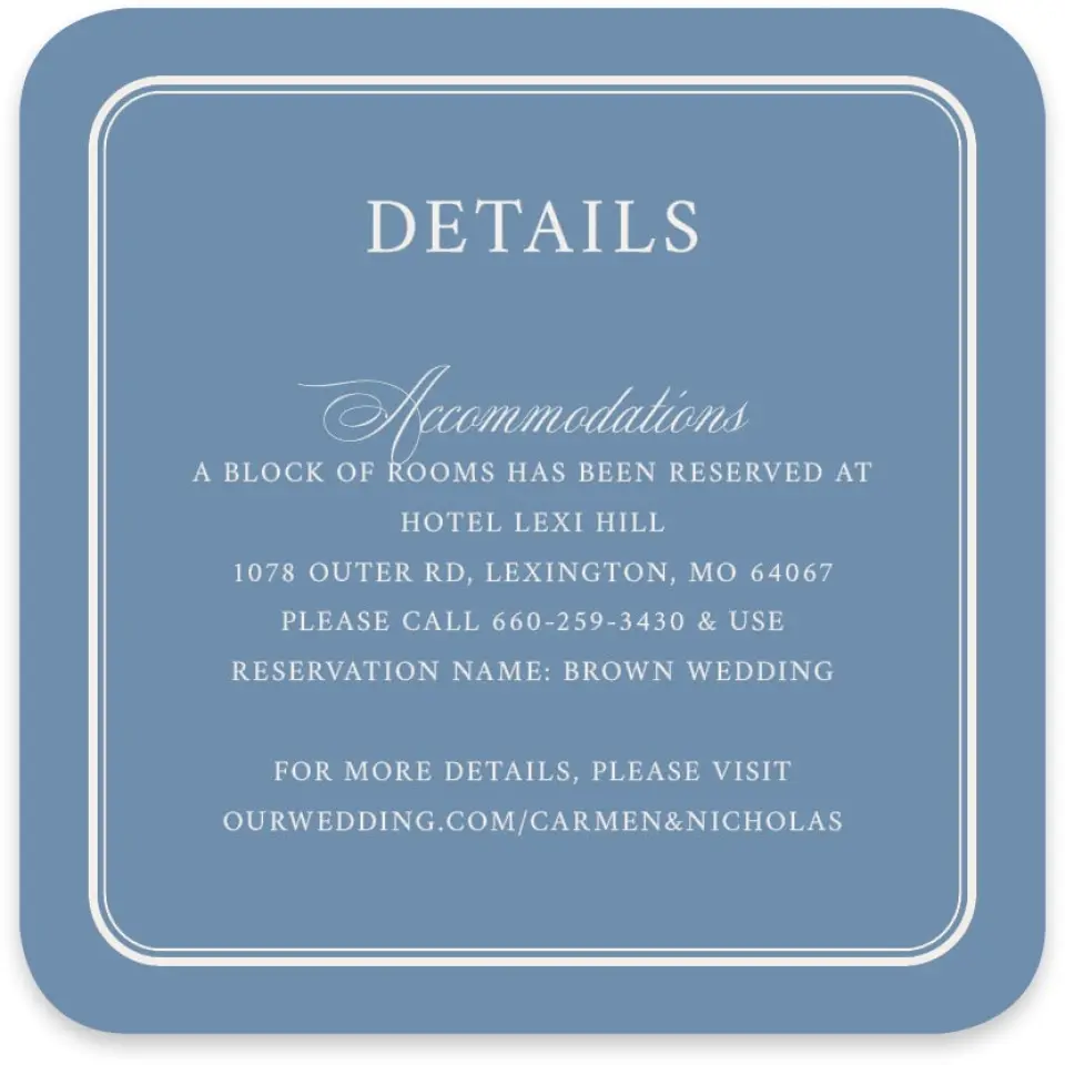 This is a 4" x 4" Wedding Invitation Enclosure Card called Vintage Reverie printed in full color on Luxe Satin paper
