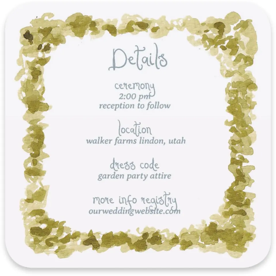 This is a 4" x 4" Wedding Invitation Enclosure Card called Soft Meadows printed in full color on Luxe Satin paper