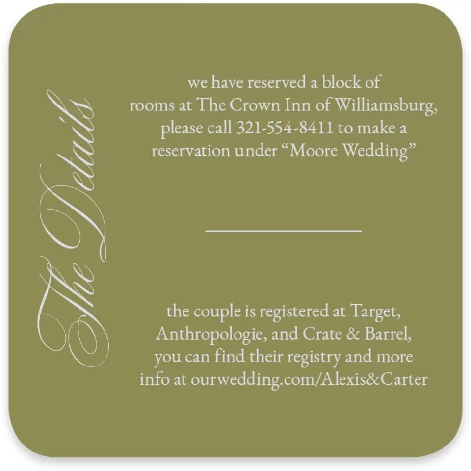 This is a 4" x 4" Wedding Invitation Enclosure Card called Signature Vows printed in full color on Luxe Satin paper