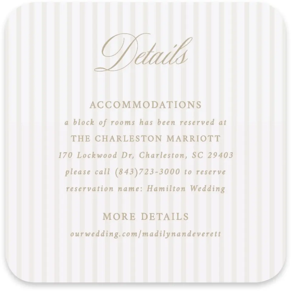 This is a 4" x 4" Wedding Invitation Enclosure Card called Elegant Shell printed in full color with Silver foil on Luxe Satin paper