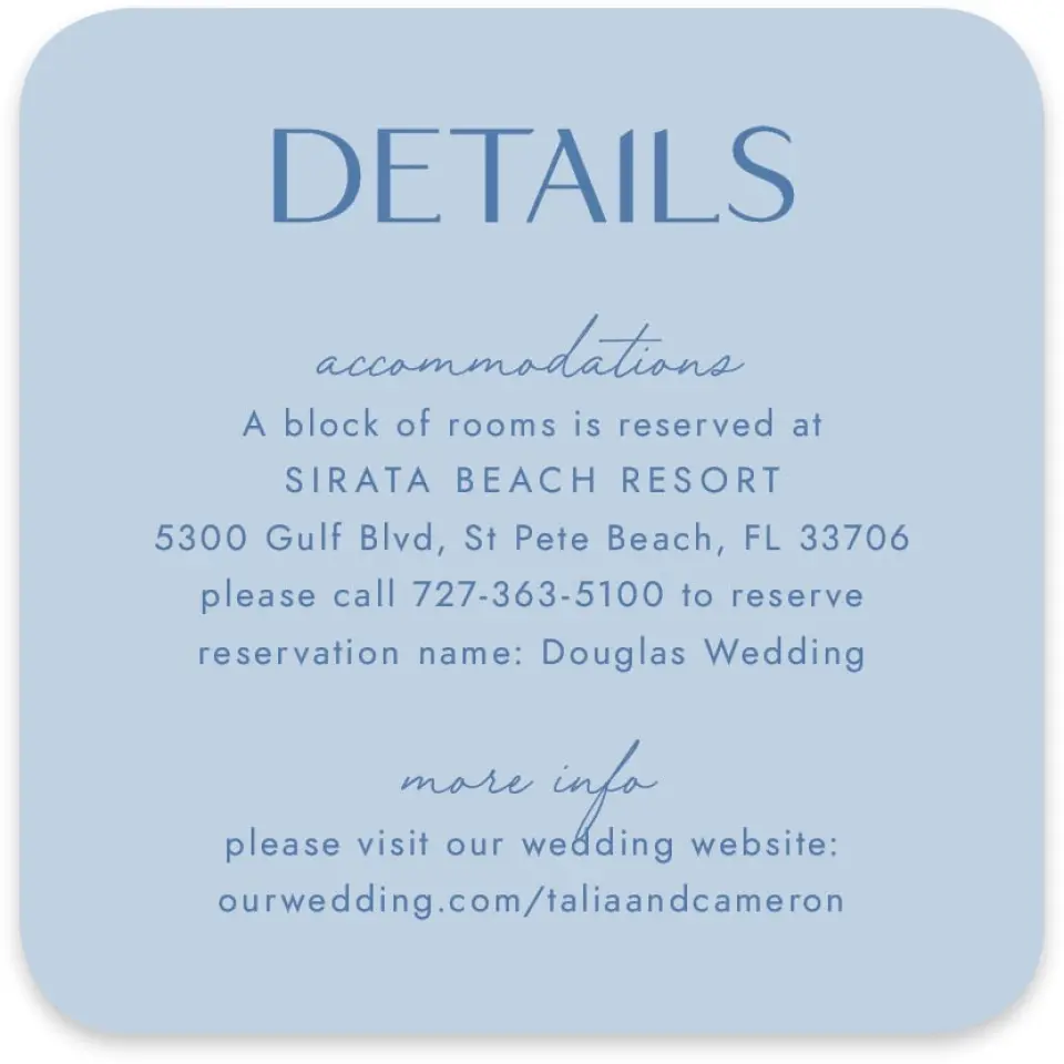 This is a 4" x 4" Wedding Invitation Enclosure Card called Seaside Serenade printed in full color on Luxe Satin paper