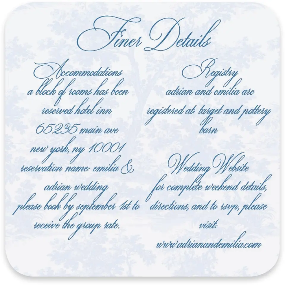 This is a 4" x 4" Wedding Invitation Enclosure Card called Blue Toile Romance printed in full color on Luxe Satin paper