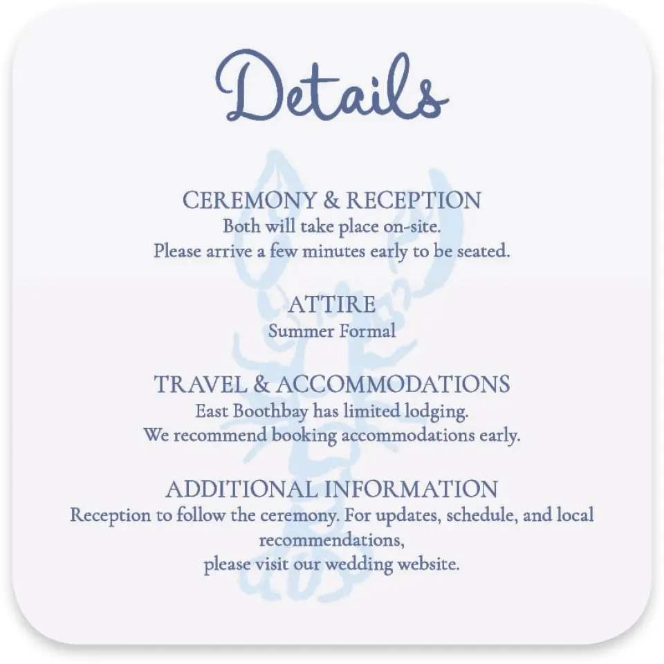 This is a 4" x 4" Wedding Invitation Enclosure Card called Love by the Sea printed in full color on Luxe Satin paper