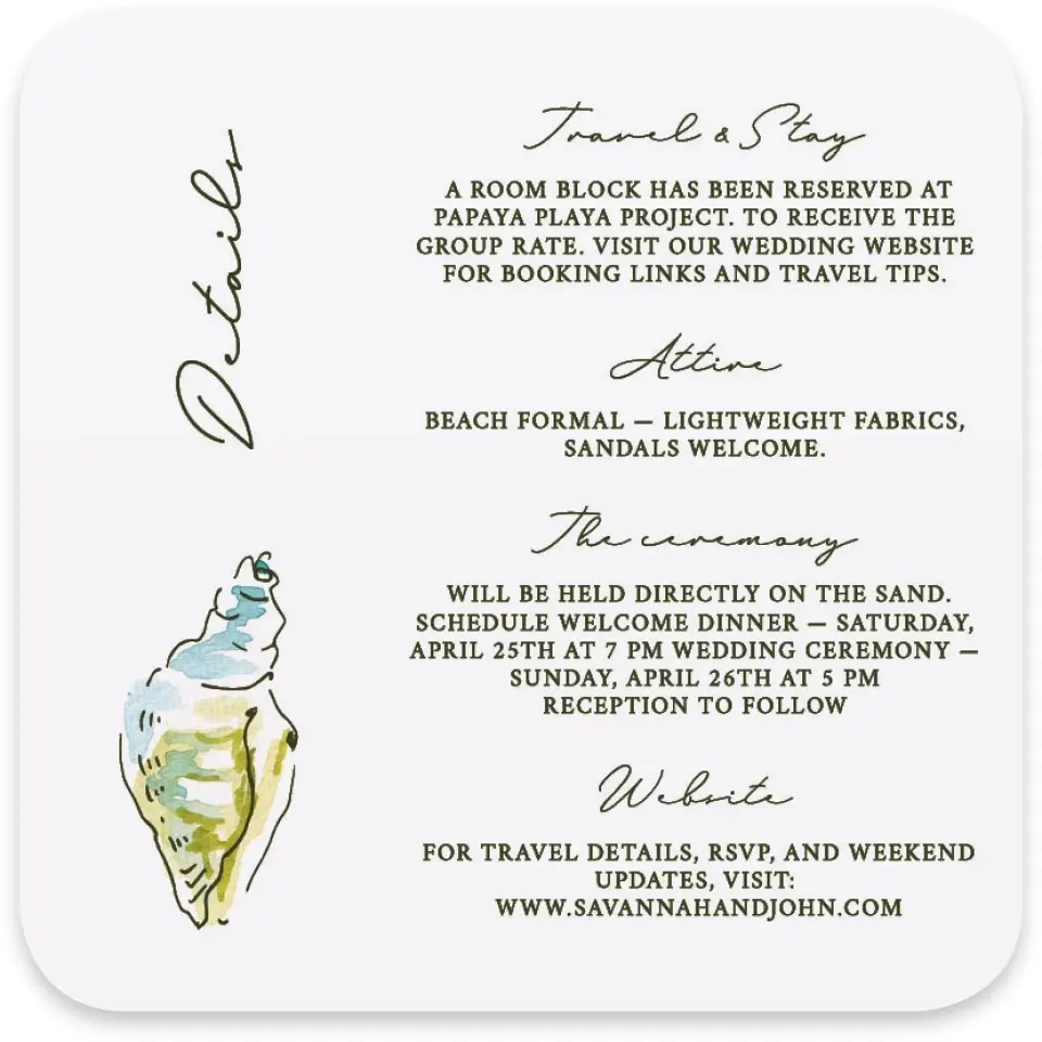 This is a 4" x 4" Wedding Invitation Enclosure Card called Whimsical Shells printed in full color on Luxe Satin paper