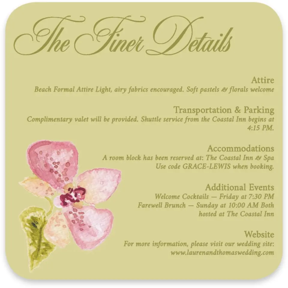 This is a 4" x 4" Wedding Invitation Enclosure Card called Paradise in Bloom printed in full color on Luxe Satin paper