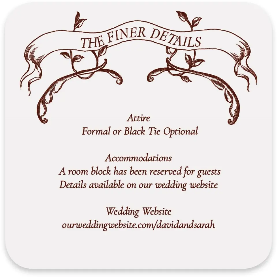 This is a 4" x 4" Wedding Invitation Enclosure Card called Trimmed Lace printed in full color with Silver foil on Luxe Satin paper