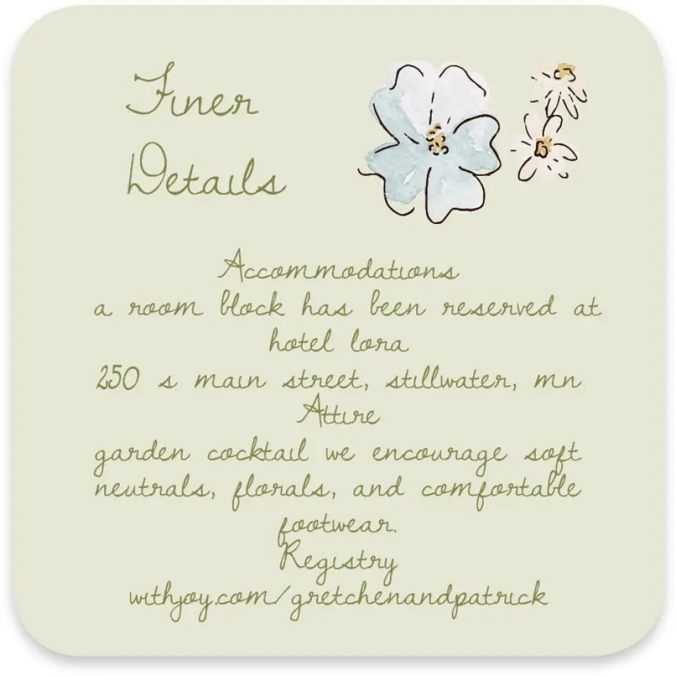 This is a 4" x 4" Wedding Invitation Enclosure Card called Soft Garden Vows printed in full color with Gold foil on Luxe Satin paper